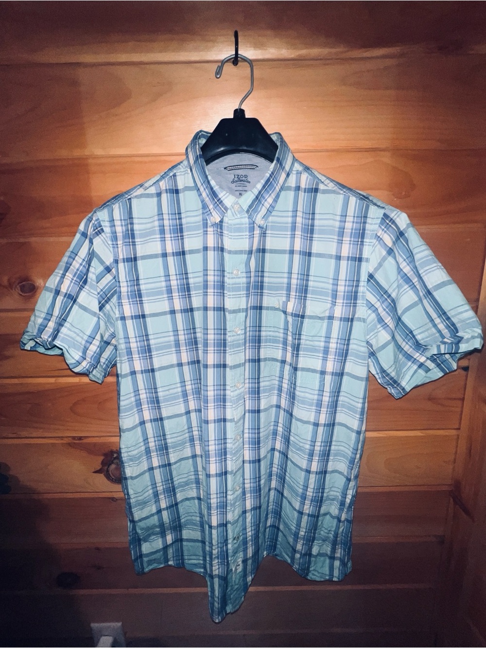 Izod Light Blue and Navy Plaid Short-Sleeve Button-Down Shirt